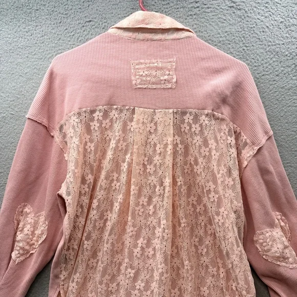 POL Patchwork Lace Dusty Pink Button Up Shirt Top Floral Oversized Boho Size S - Picture 11 of 13